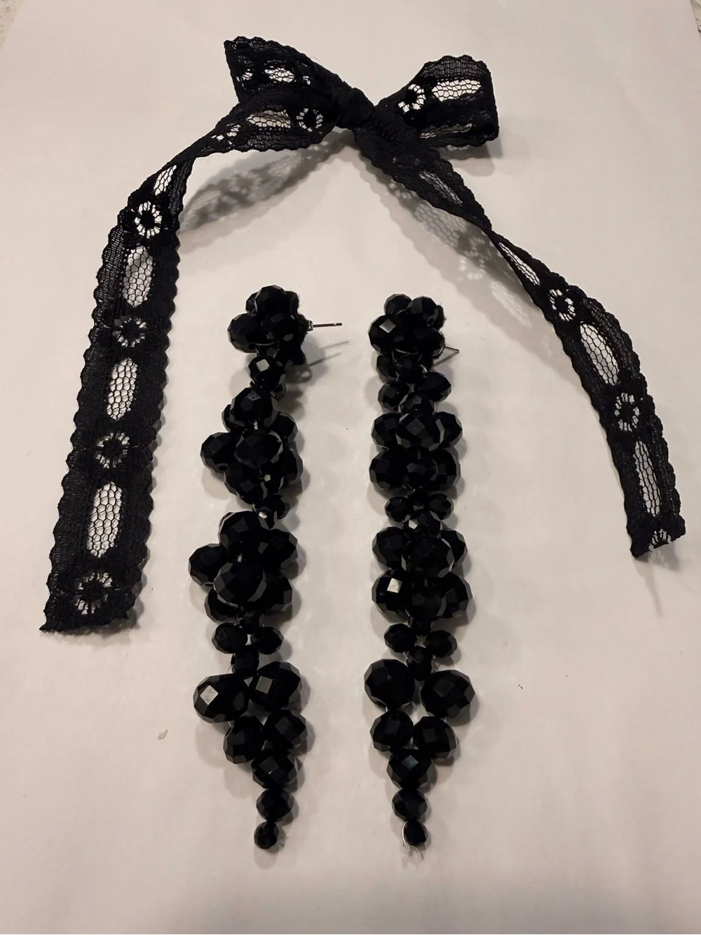 Black Beaded Drop Earrings with Lace Accent